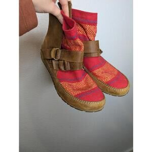 Sorel Brown Leather & Red Textile Ankle Boots Buckle Strap Women’s US 9.5